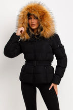Faux Fur Hood Puffer Jacket With Belt Black