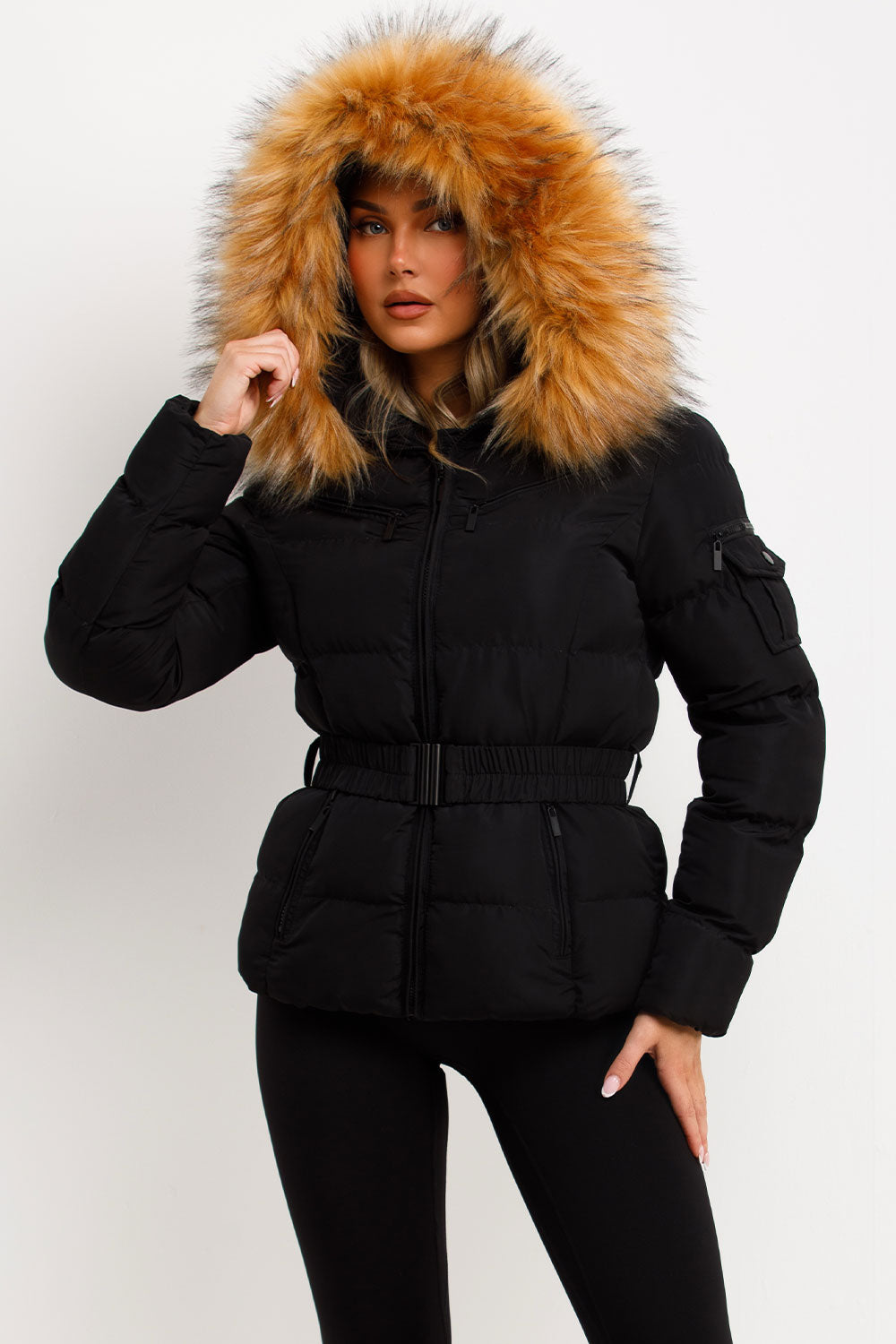 Faux Fur Hood Puffer Jacket With Belt Black