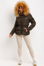 Faux Fur Hood Puffer Jacket With Belt Khaki