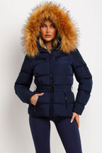 Navy Faux Fur Hooded Jacket With Belt