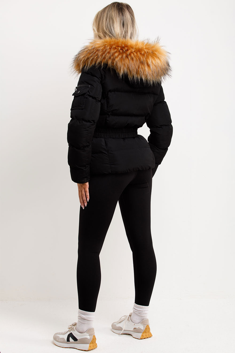 Faux Fur Hood Puffer Jacket With Belt Black