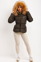 Faux Fur Hood Puffer Jacket With Belt Khaki
