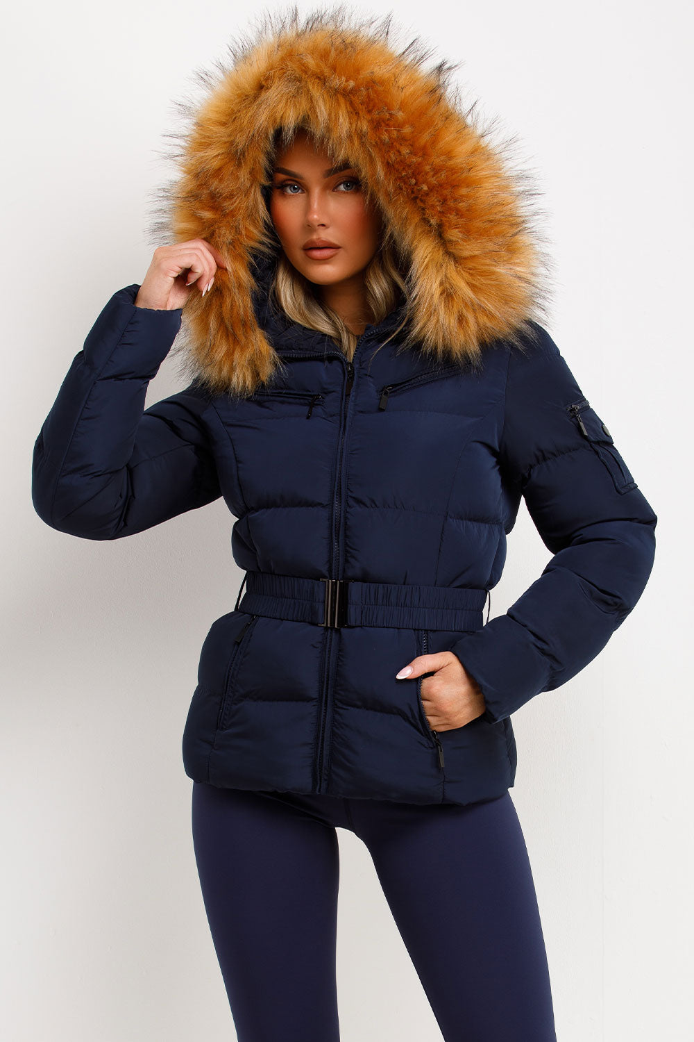Navy Faux Fur Hooded Jacket With Belt