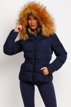 Navy Faux Fur Hooded Jacket With Belt