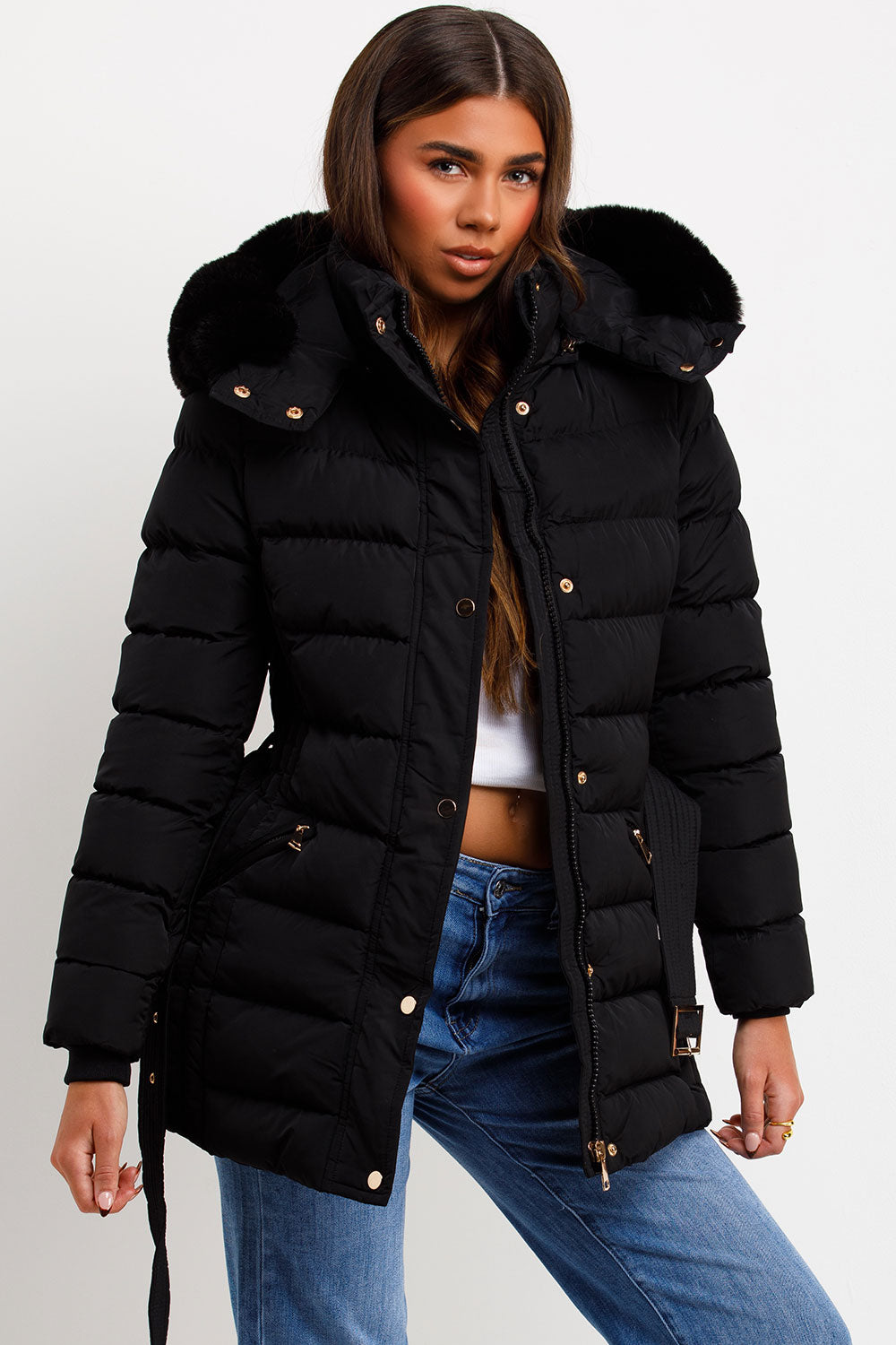 Black Puffer Coat With Faux Fur Hood And Belt
