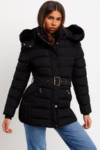 Black Puffer Coat With Faux Fur Hood And Belt