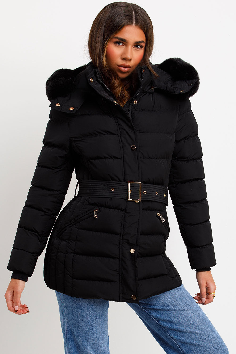 Black Puffer Coat With Faux Fur Hood And Belt