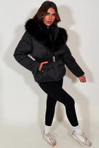 Black Faux Fur Hood Puffer Jacket With Belt
