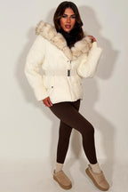 White Faux Fur Hood Puffer Jacket With Belt