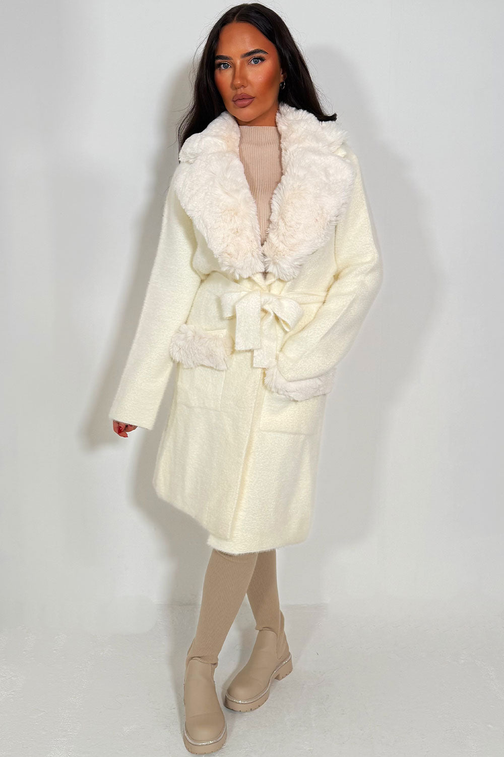 Faux fur Collar Belted Coat With Faux Fur Cuff Off White