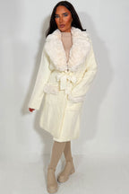 Faux fur Collar Belted Coat With Faux Fur Cuff Off White