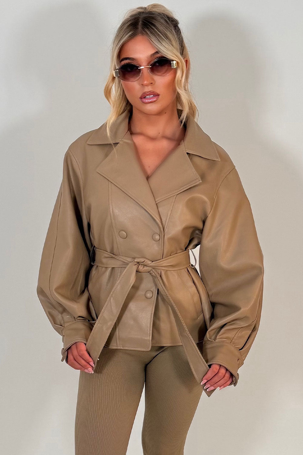 Leather Effect Jacket With Lapel Collar And Belt Beige