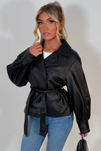 Leather Effect Jacket With Lapel Collar And Belt Black