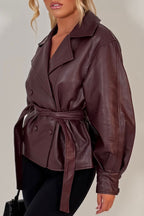 Leather Effect Jacket With Lapel Collar And Belt Burgundy