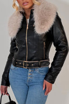 Beige Faux Fur Collar Jacket In Black Faux Leather With Belt