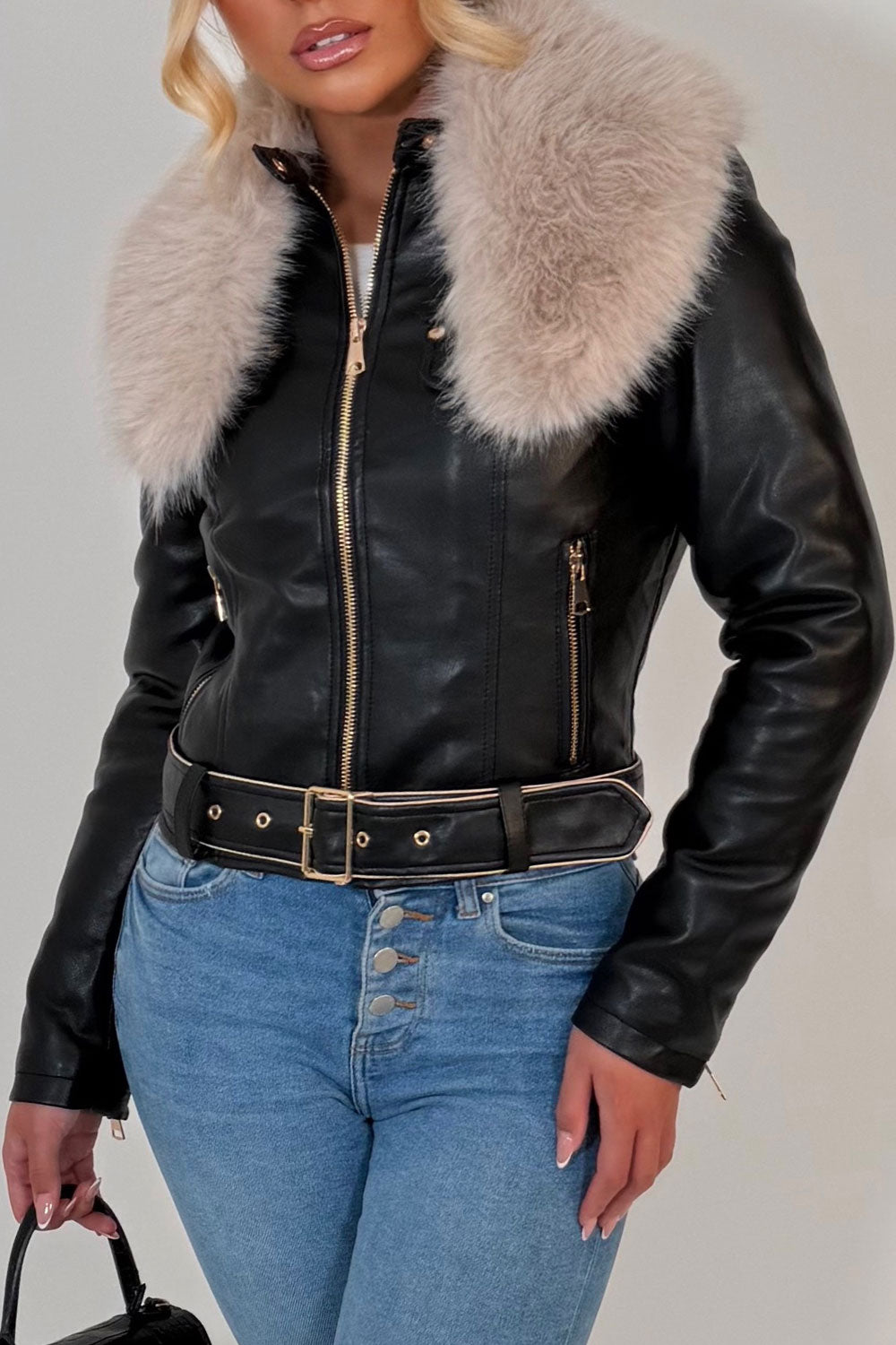 Beige Faux Fur Collar Jacket In Black Faux Leather With Belt
