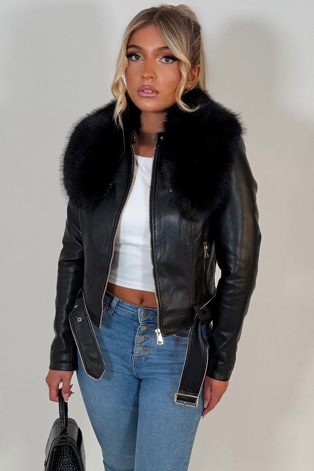 Black Faux Fur Collar Jacket In Faux Leather With Belt