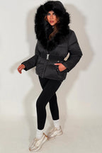Black Faux Fur Hood Puffer Jacket With Belt