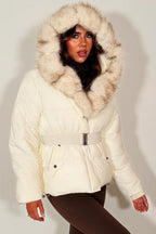 White Faux Fur Hood Puffer Jacket With Belt