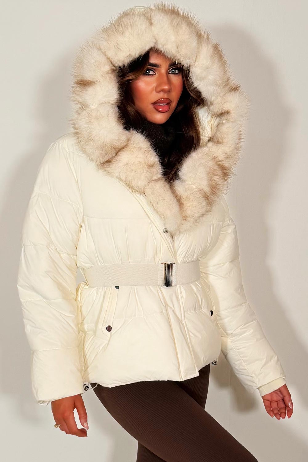 White Faux Fur Hood Puffer Jacket With Belt
