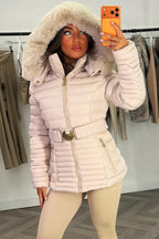 Puffer Jacket With Faux Fur Hood And Gold Belt Beige