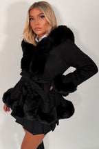 Black Faux Fur Faux Suede Hooded Belted Coat