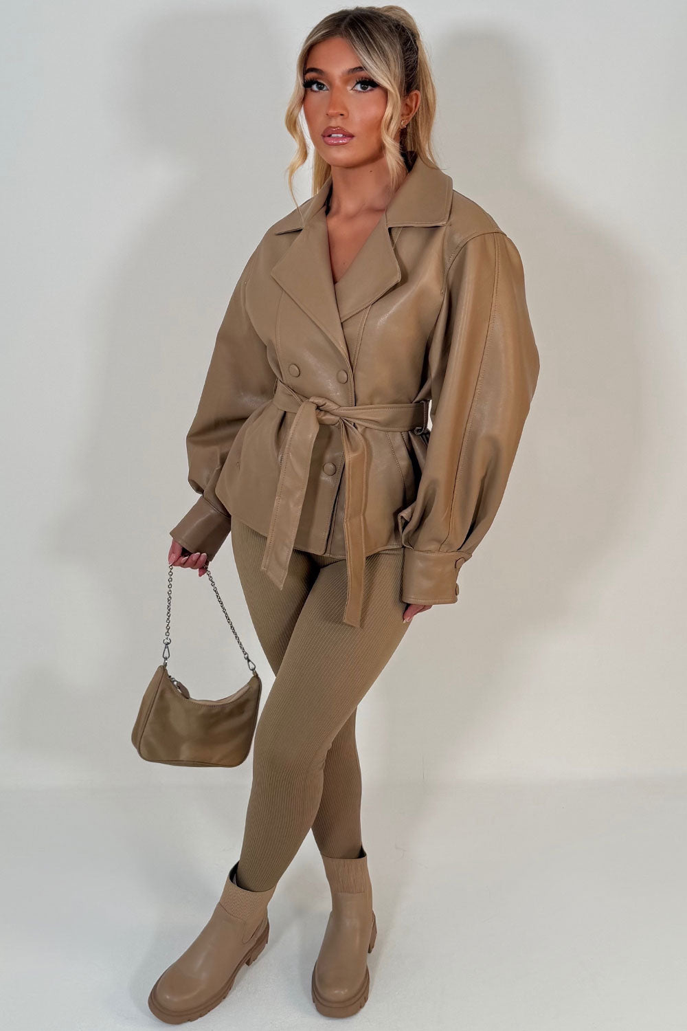 Leather Effect Jacket With Lapel Collar And Belt Beige