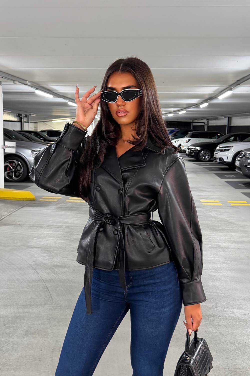 Leather Effect Jacket With Lapel Collar And Belt Black