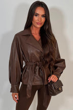 Leather Effect Jacket With Lapel Collar And Belt Brown
