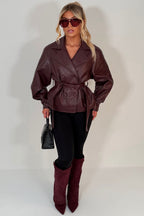 Leather Effect Jacket With Lapel Collar And Belt Burgundy