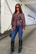 Leather Effect Jacket With Lapel Collar And Belt Burgundy