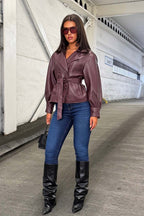 Leather Effect Jacket With Lapel Collar And Belt Burgundy