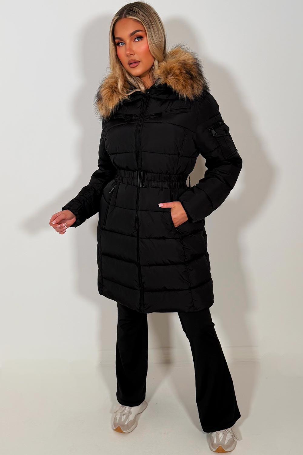 Long Puffer Coat With Faux Fur Hood And Belt Black