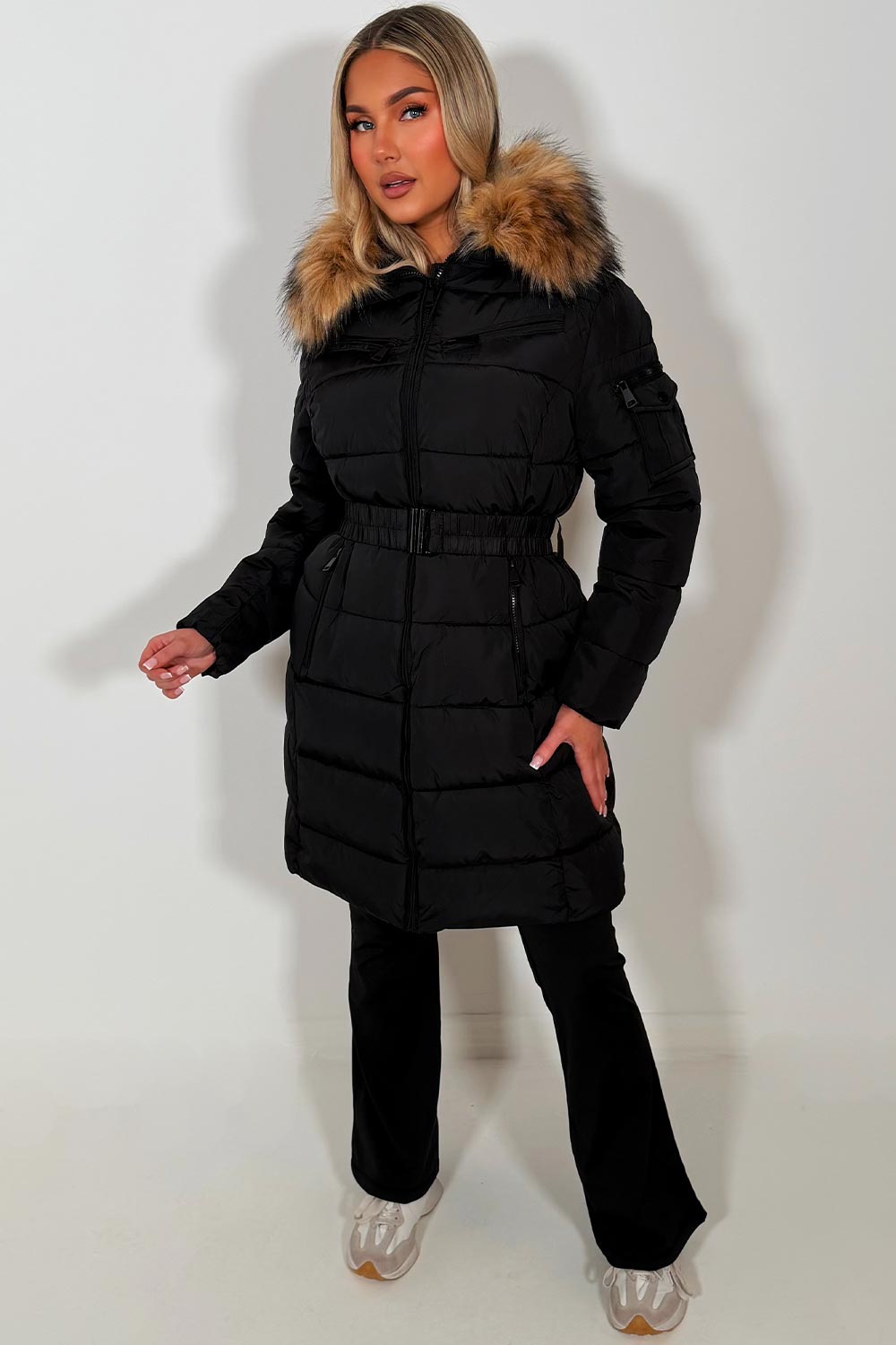 Long Puffer Coat With Faux Fur Hood And Belt Black