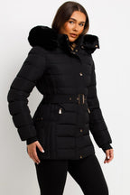 Black Puffer Coat With Faux Fur Hood And Belt