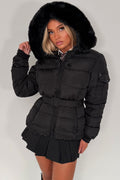 Black Faux Fur Hood Jacket With Belt