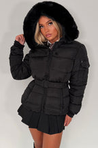 Black Faux Fur Hood Jacket With Belt