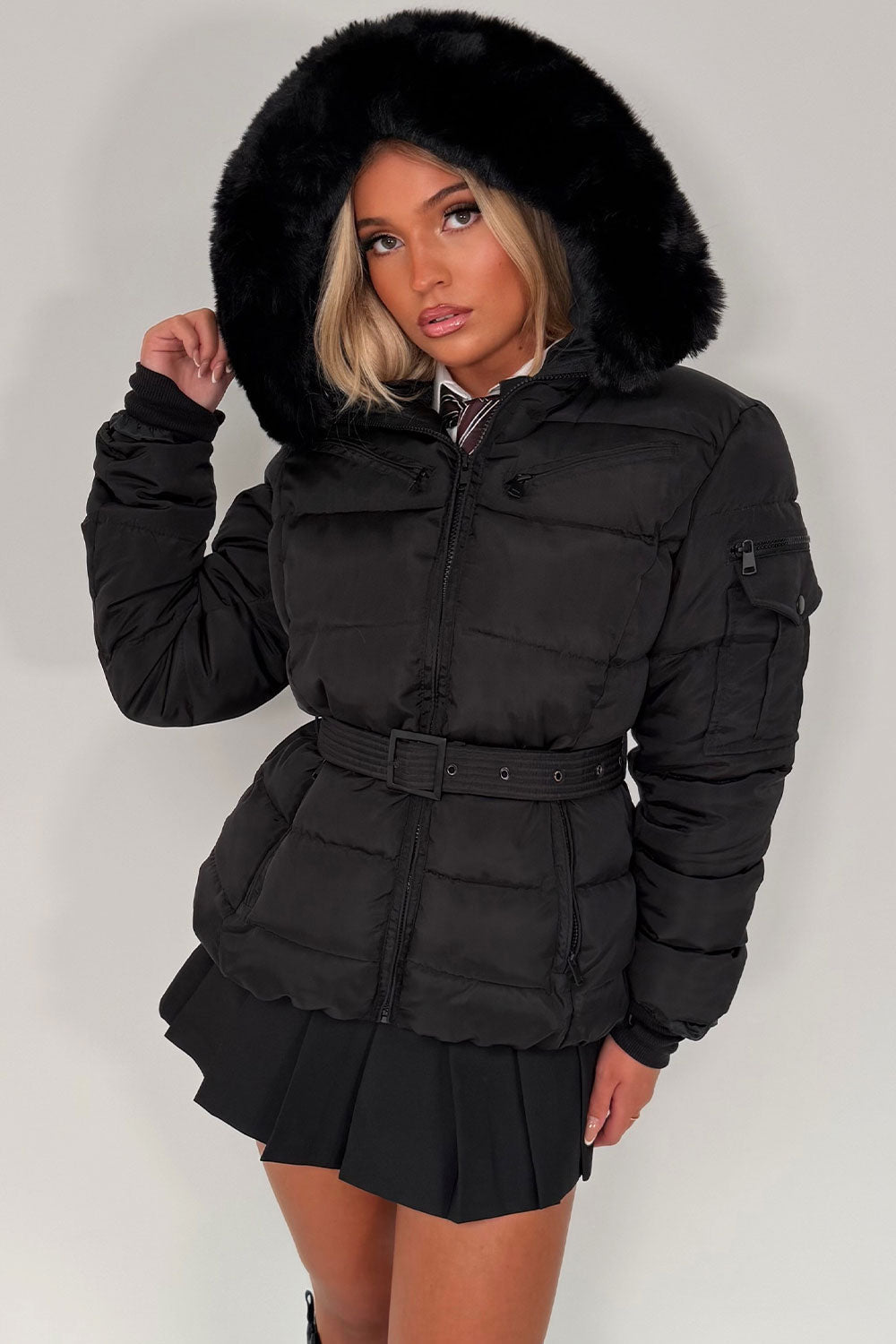Black Faux Fur Hood Jacket With Belt