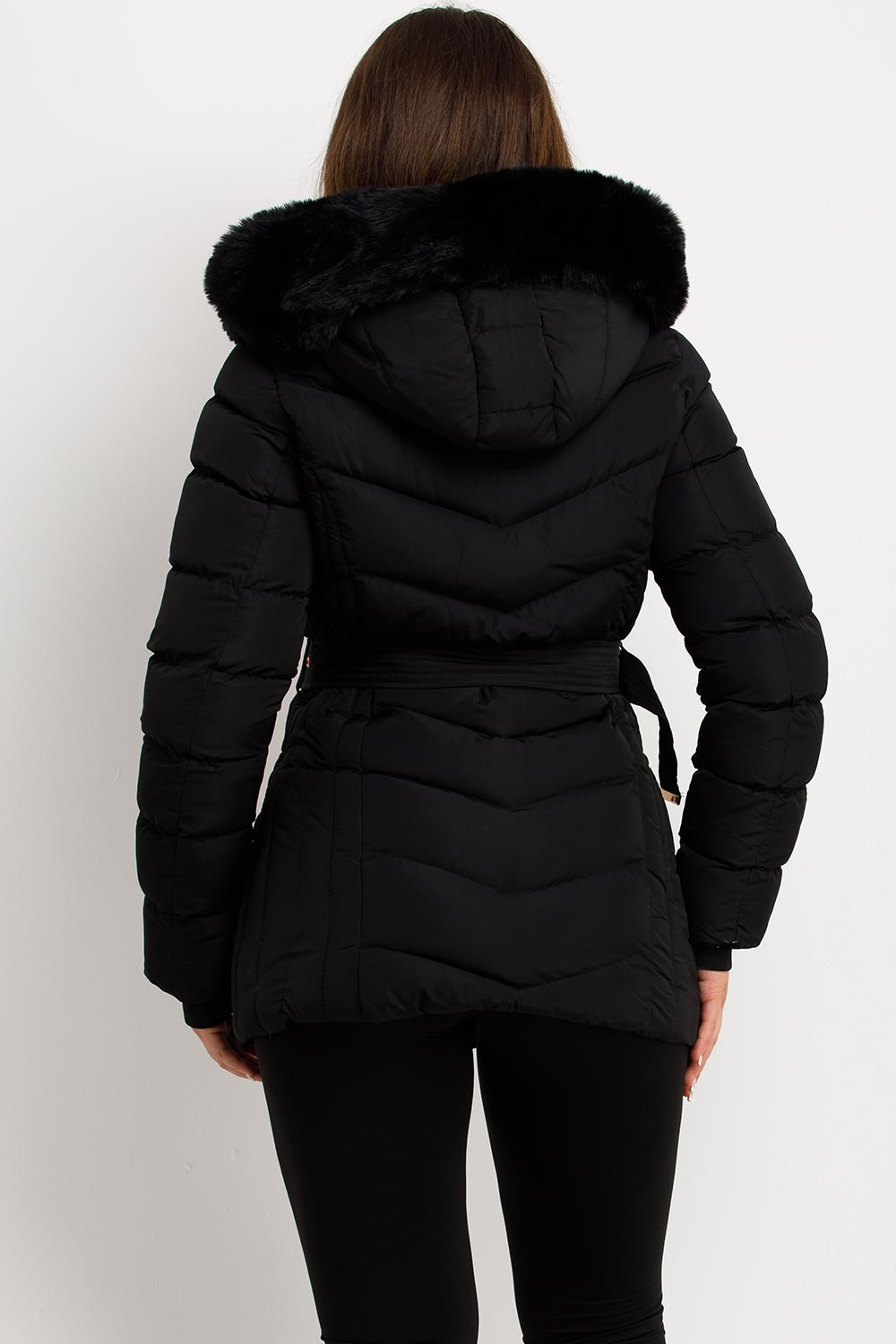 Black Puffer Coat With Faux Fur Hood And Belt