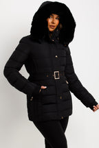 Black Puffer Coat With Faux Fur Hood And Belt
