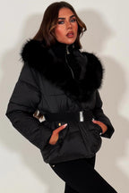 Black Faux Fur Hood Puffer Jacket With Belt