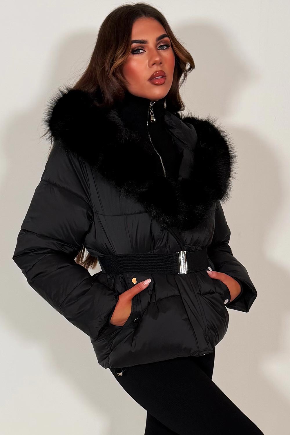 Black Faux Fur Hood Puffer Jacket With Belt