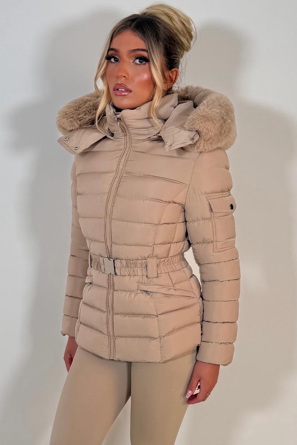 Puffer Padded Winter Jacket With Faux Fur Hood Beige