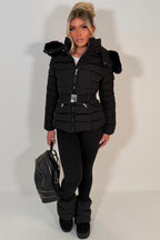 Black Puffer Padded Winter Jacket With Faux Fur Hood