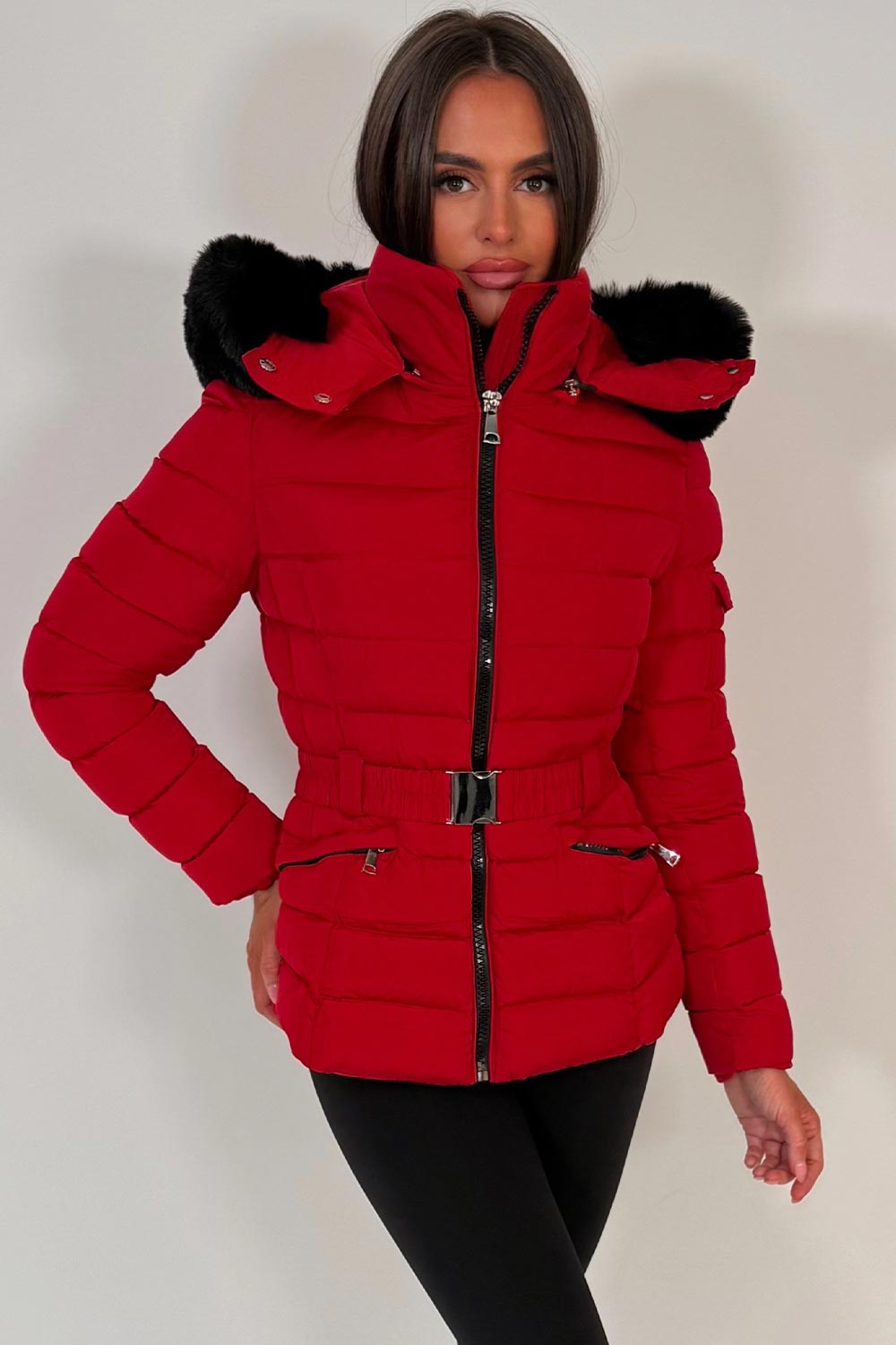 Puffer Padded Winter Jacket With Faux Fur Hood Red