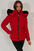 Puffer Padded Winter Jacket With Faux Fur Hood Red