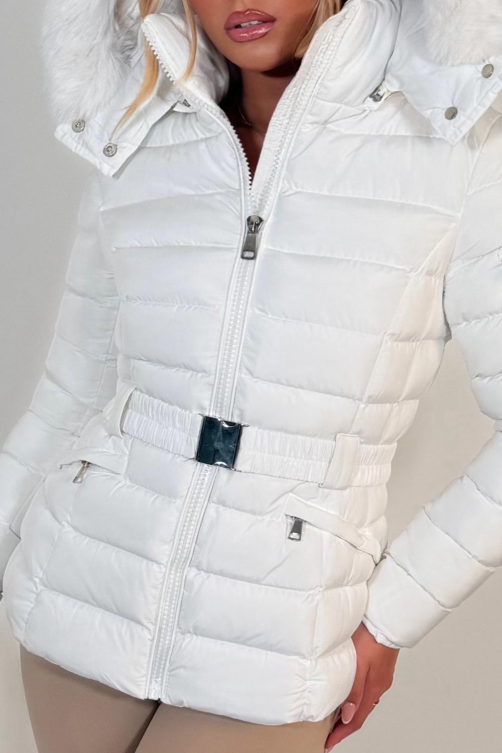 Puffer Padded Winter Jacket With Faux Fur Hood White