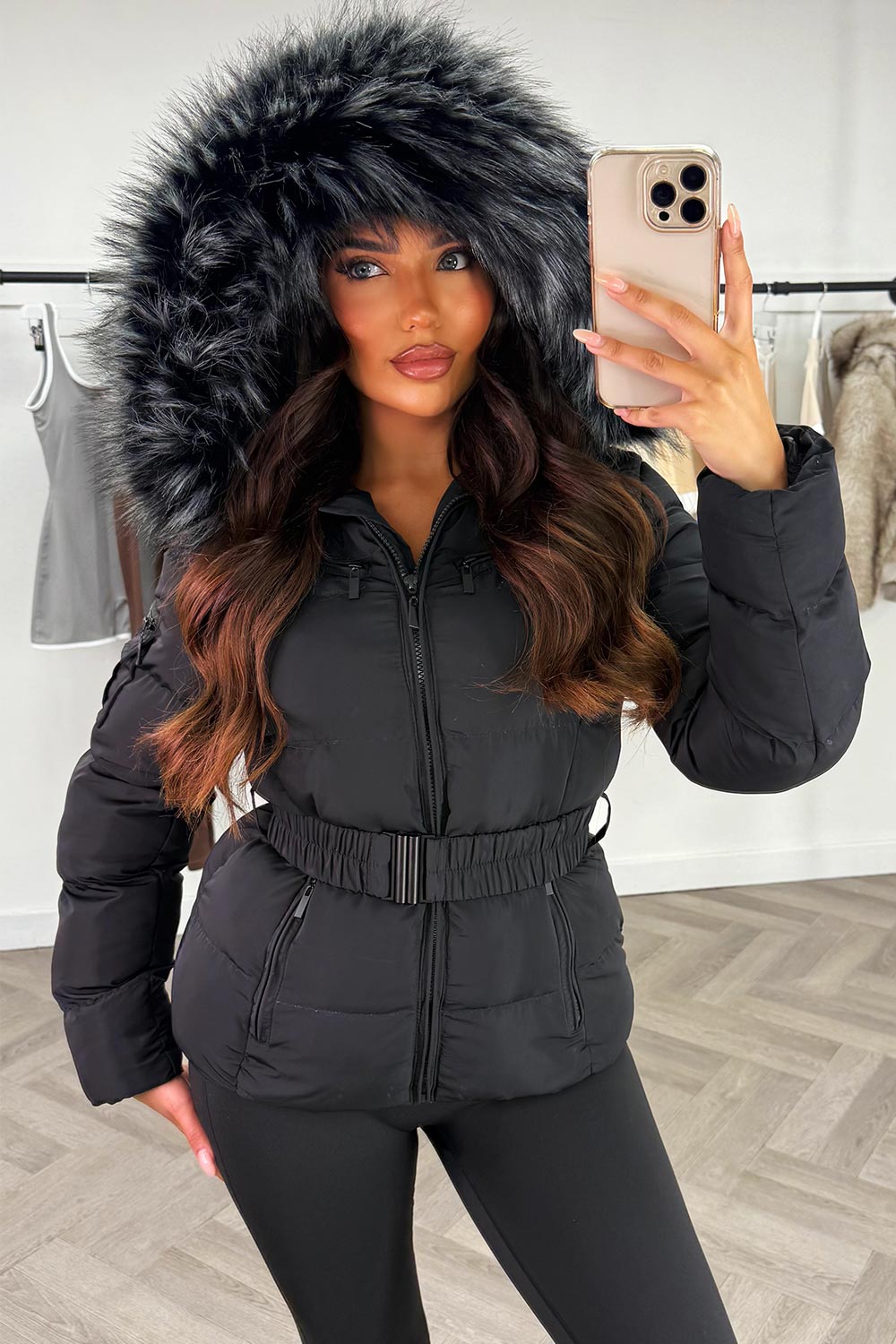 Faux Fur Hooded Jacket With Belt