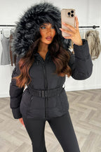 Faux Fur Hooded Jacket With Belt