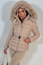 Puffer Padded Winter Jacket With Faux Fur Hood Beige